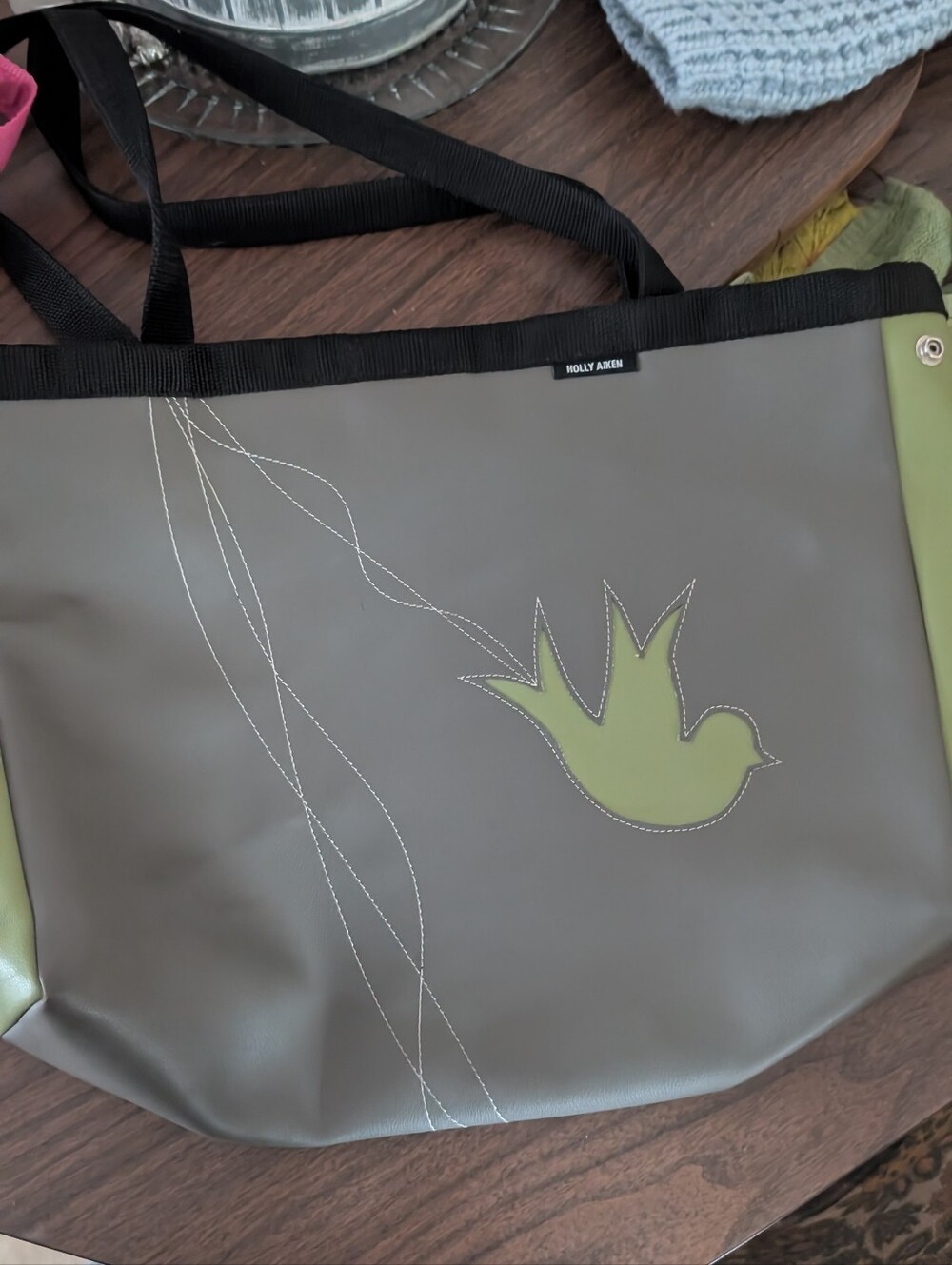 Holly Aiken Turbo Bird Tote Bag Grey Green Vinyl Handcrafted Indie Made in USA
